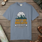 Blue Jean color unisex graphic t-shirt with "Out Of Breath Hiking Society" design