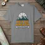 Grey color unisex graphic t-shirt with "Out Of Breath Hiking Society" design
