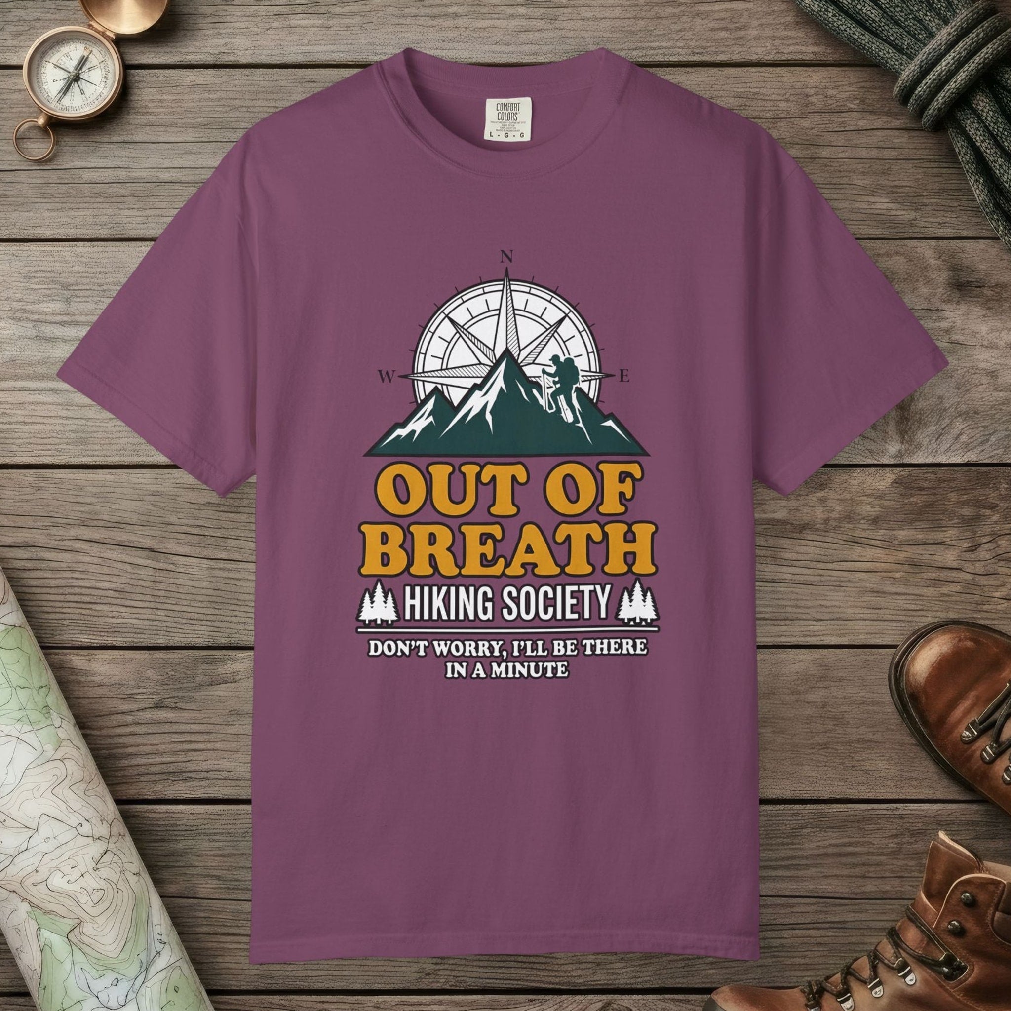 Berry color unisex graphic t-shirt with "Out Of Breath Hiking Society" design
