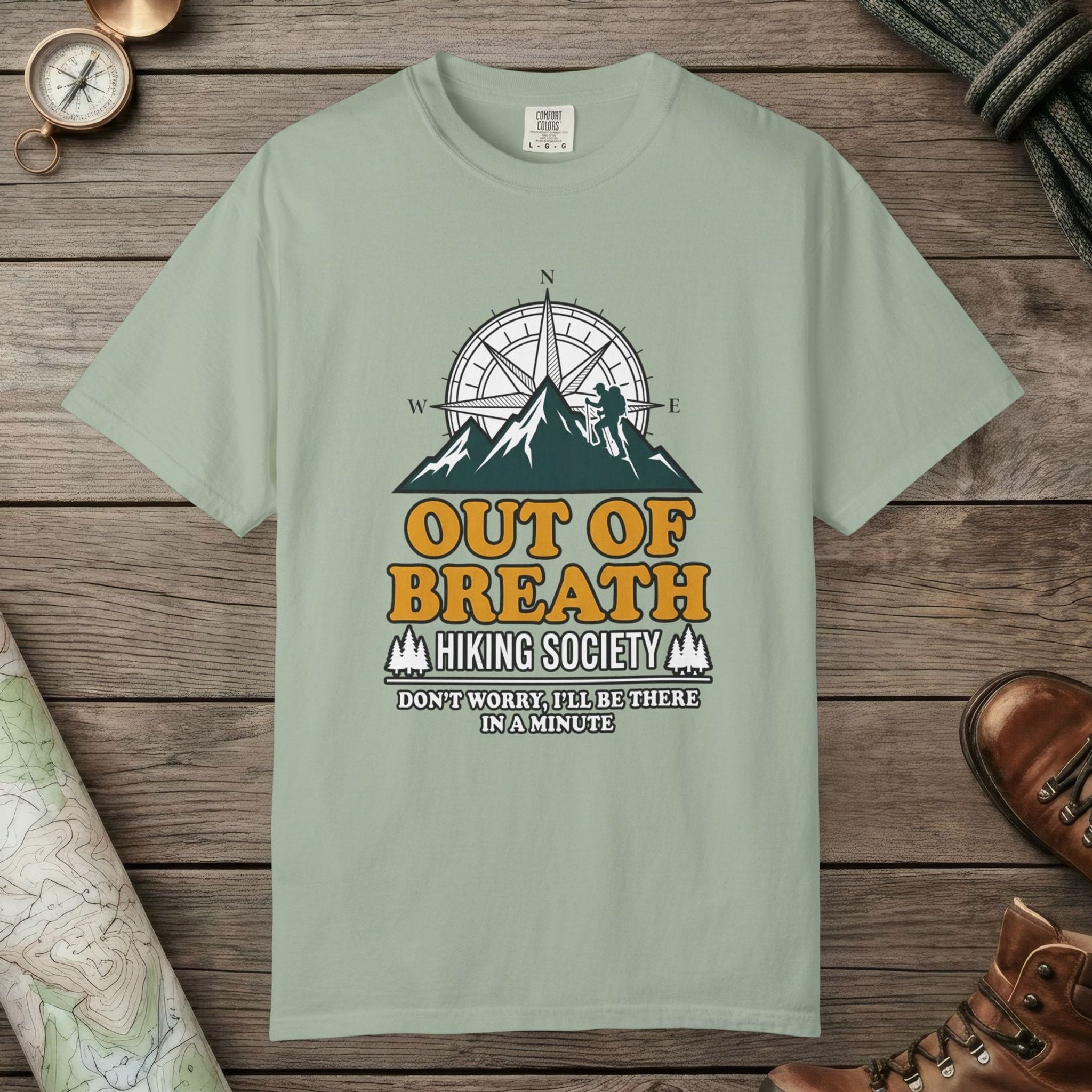 Bay color unisex graphic t-shirt with "Out Of Breath Hiking Society" design