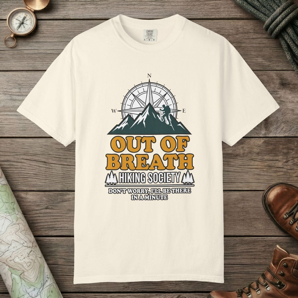 Ivory color unisex graphic t-shirt with "Out Of Breath Hiking Society" design