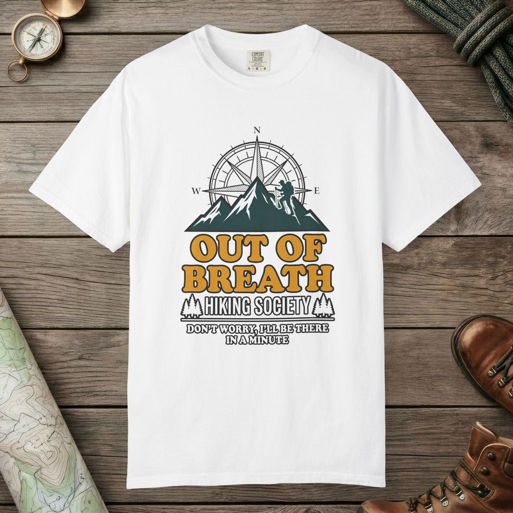 White color unisex graphic t-shirt with "Out Of Breath Hiking Society" design
