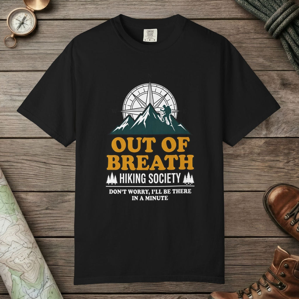Black color unisex graphic t-shirt with "Out Of Breath Hiking Society" design