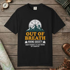 Black color unisex graphic t-shirt with "Out Of Breath Hiking Society" design