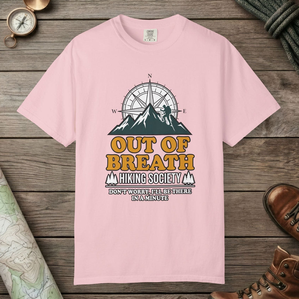 Blossom color unisex graphic t-shirt with "Out Of Breath Hiking Society" design