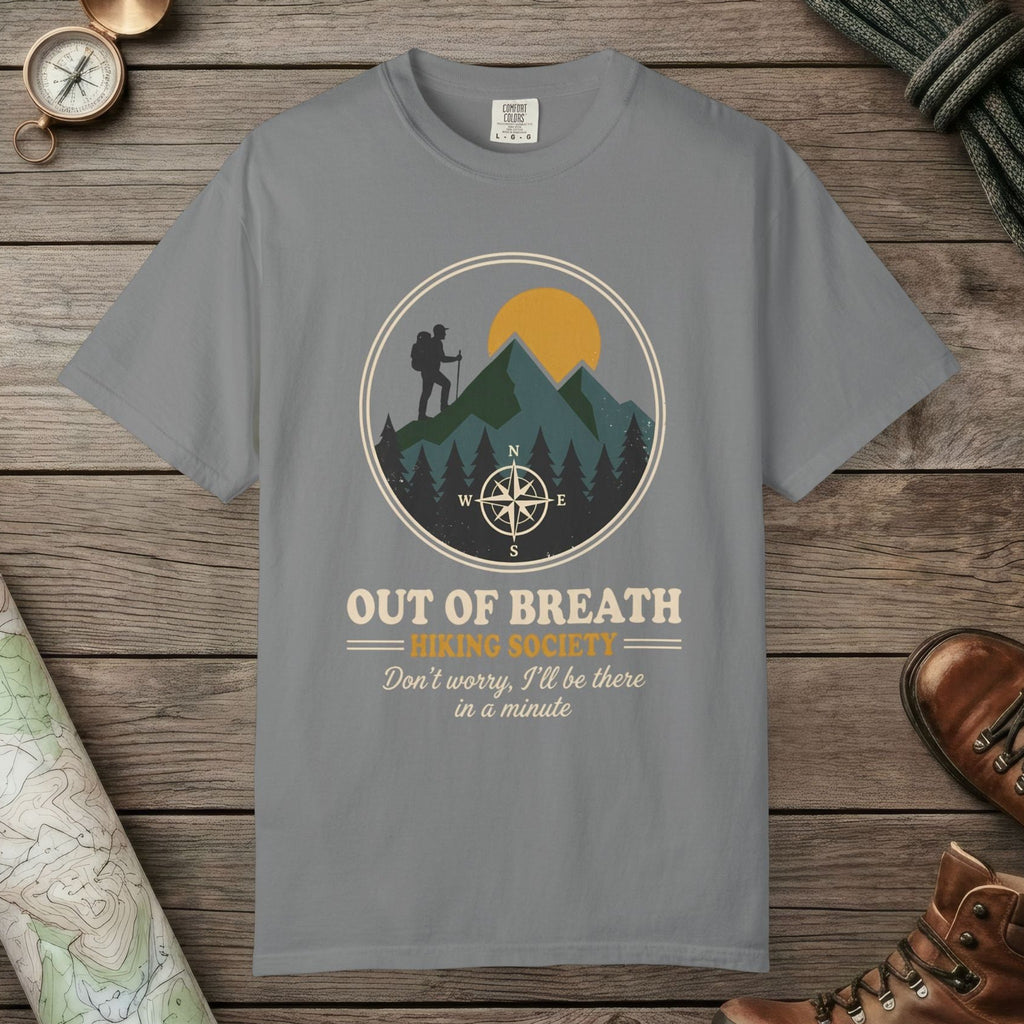Grey color unisex graphic t-shirt with "Out Of Breath" design