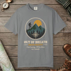 Grey color unisex graphic t-shirt with "Out Of Breath" design