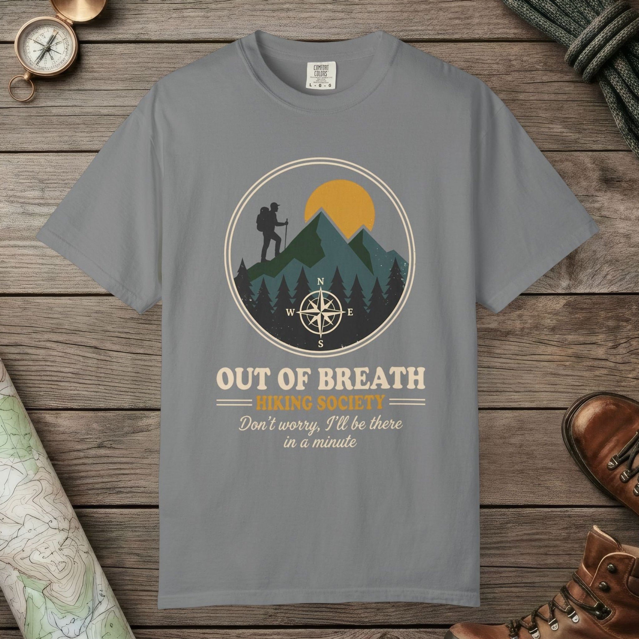 Grey color unisex graphic t-shirt with "Out Of Breath" design