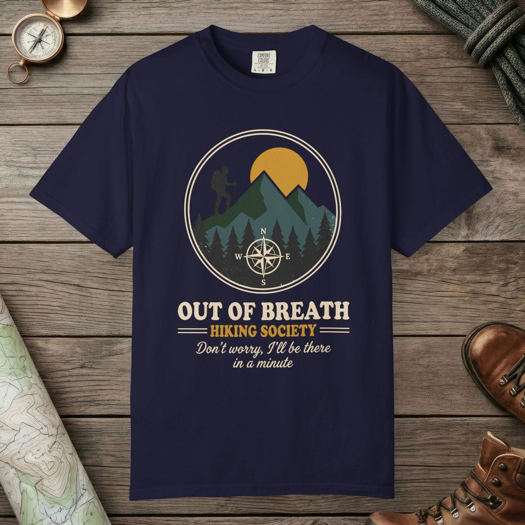 True Navy color unisex graphic t-shirt with "Out Of Breath" design
