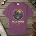 Berry color unisex graphic t-shirt with "Out Of Breath" design