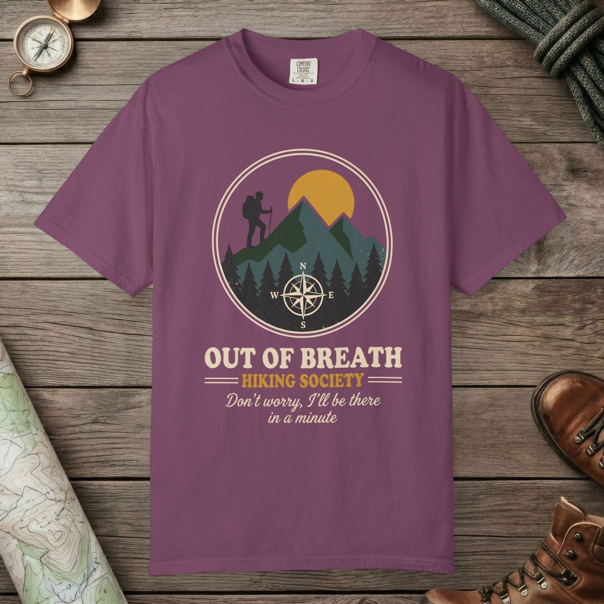 Berry color unisex graphic t-shirt with "Out Of Breath" design
