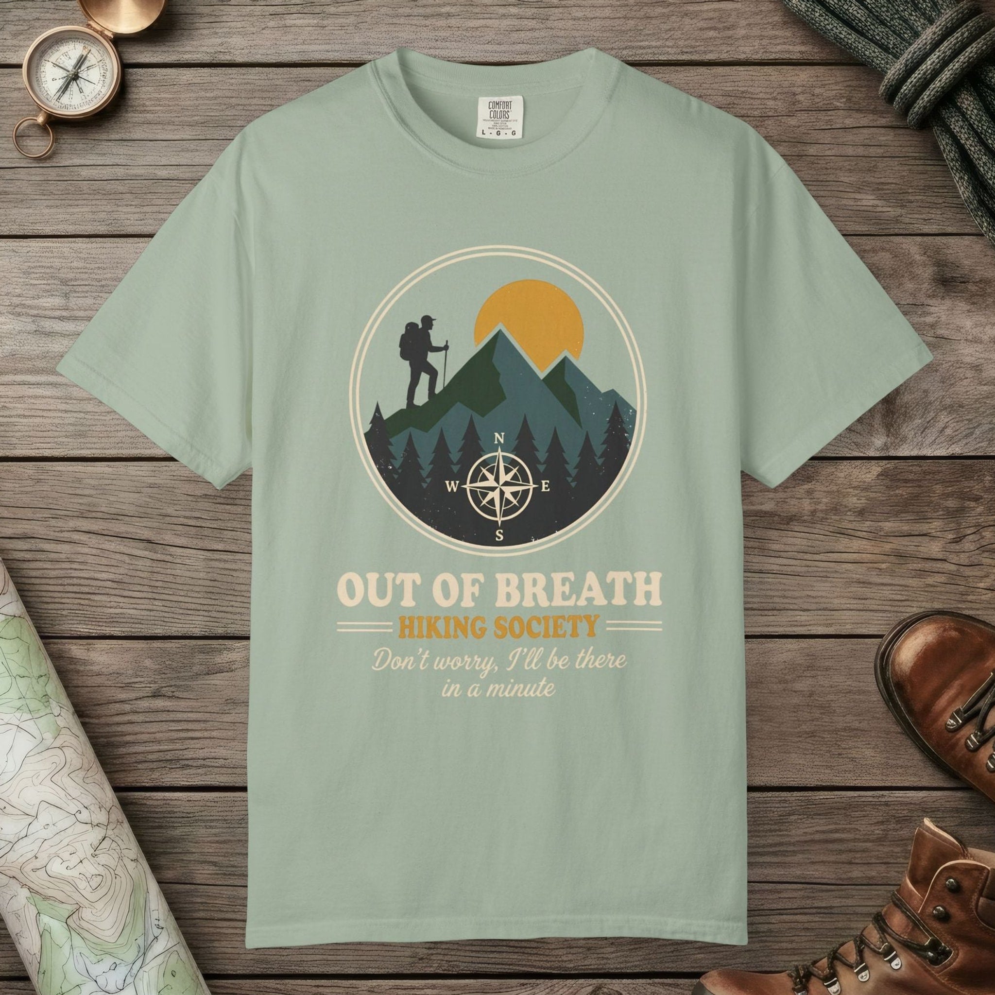 Bay color unisex graphic t-shirt with "Out Of Breath" design
