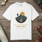 White color unisex graphic t-shirt with "Out Of Breath" design