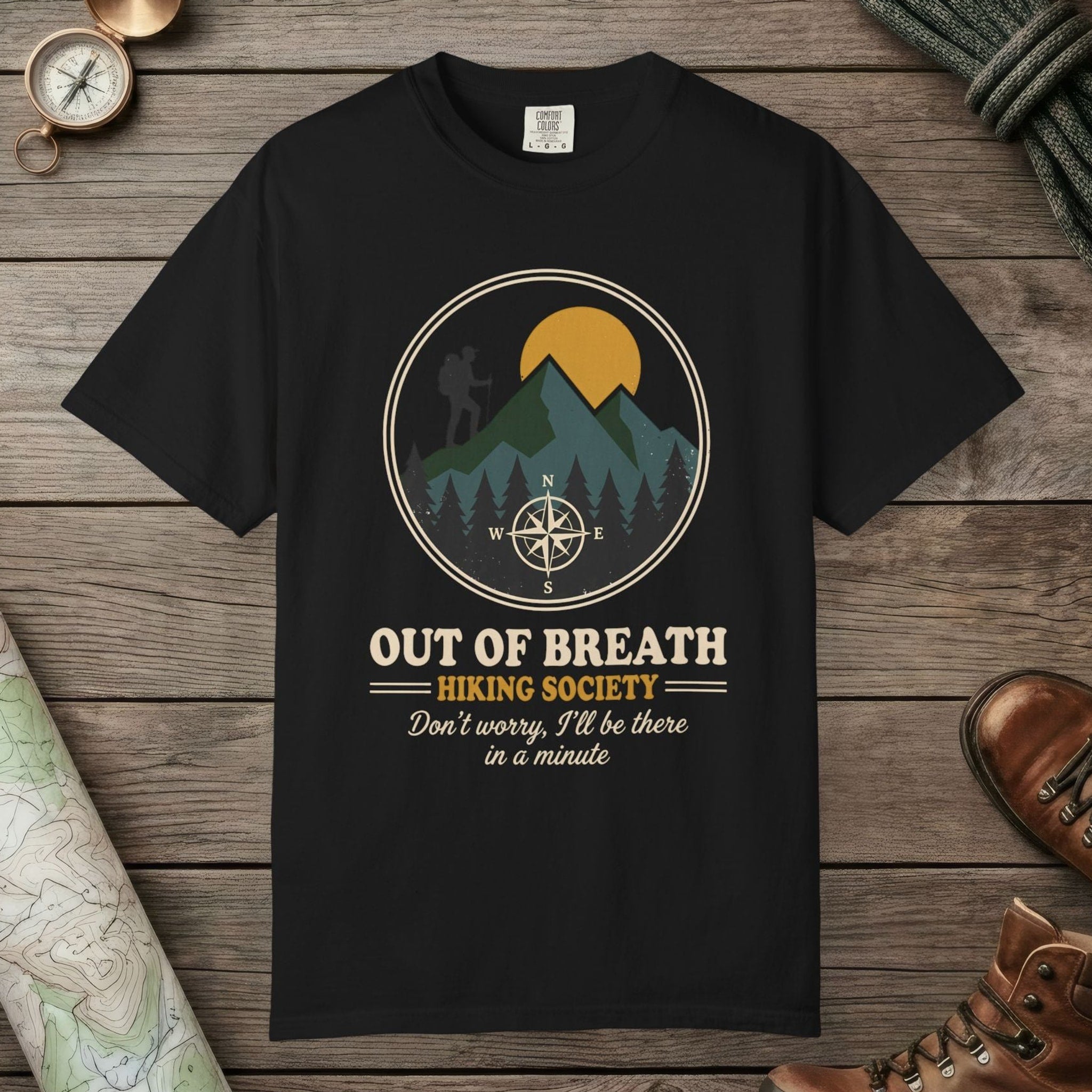 Black color unisex graphic t-shirt with "Out Of Breath" design
