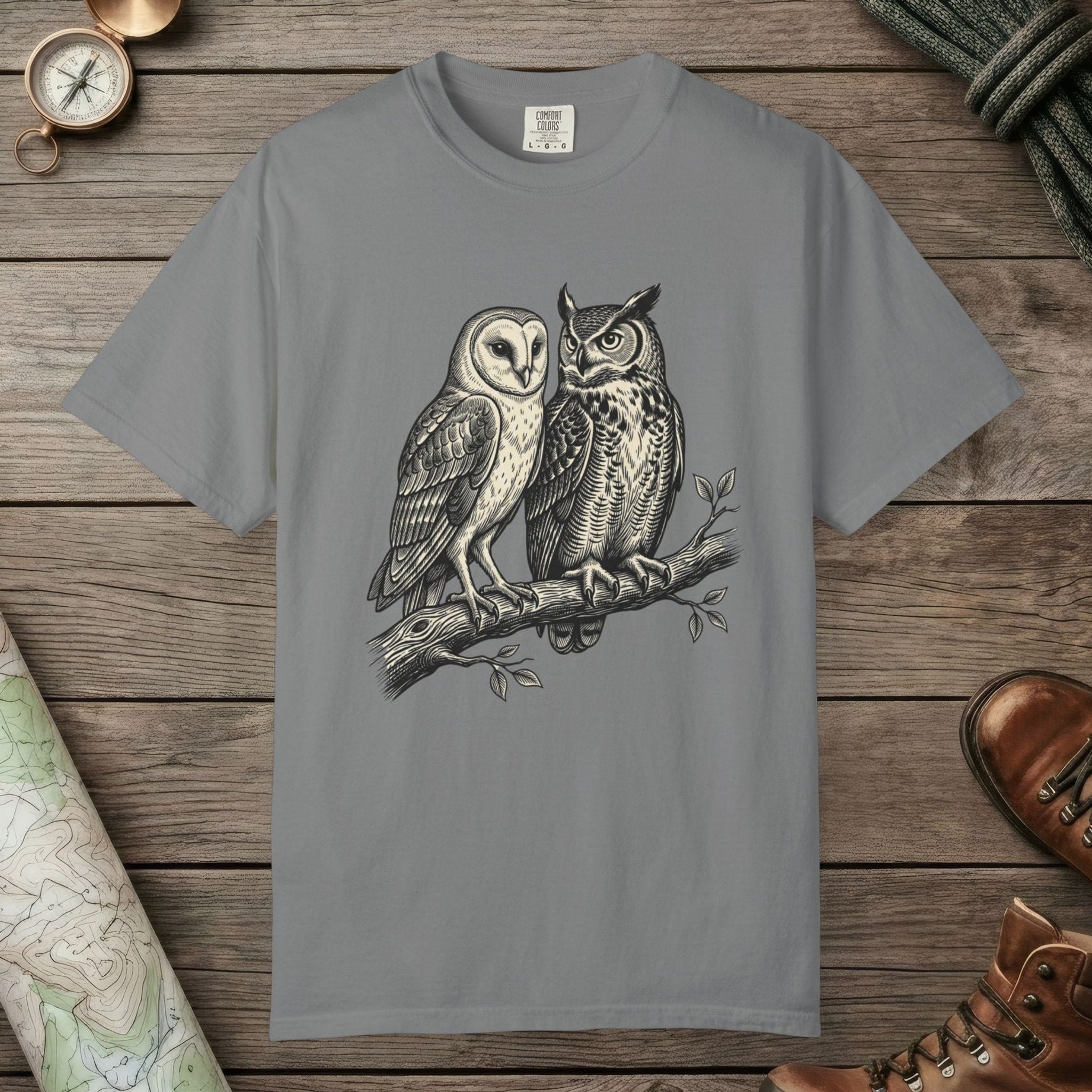 Grey color unisex graphic t-shirt with "Owl Spirit" design
