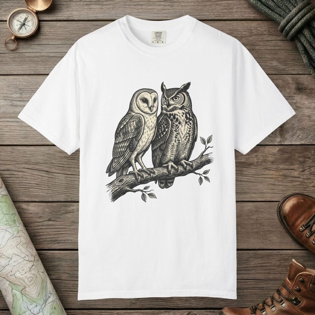 White color unisex graphic t-shirt with "Owl Spirit" design