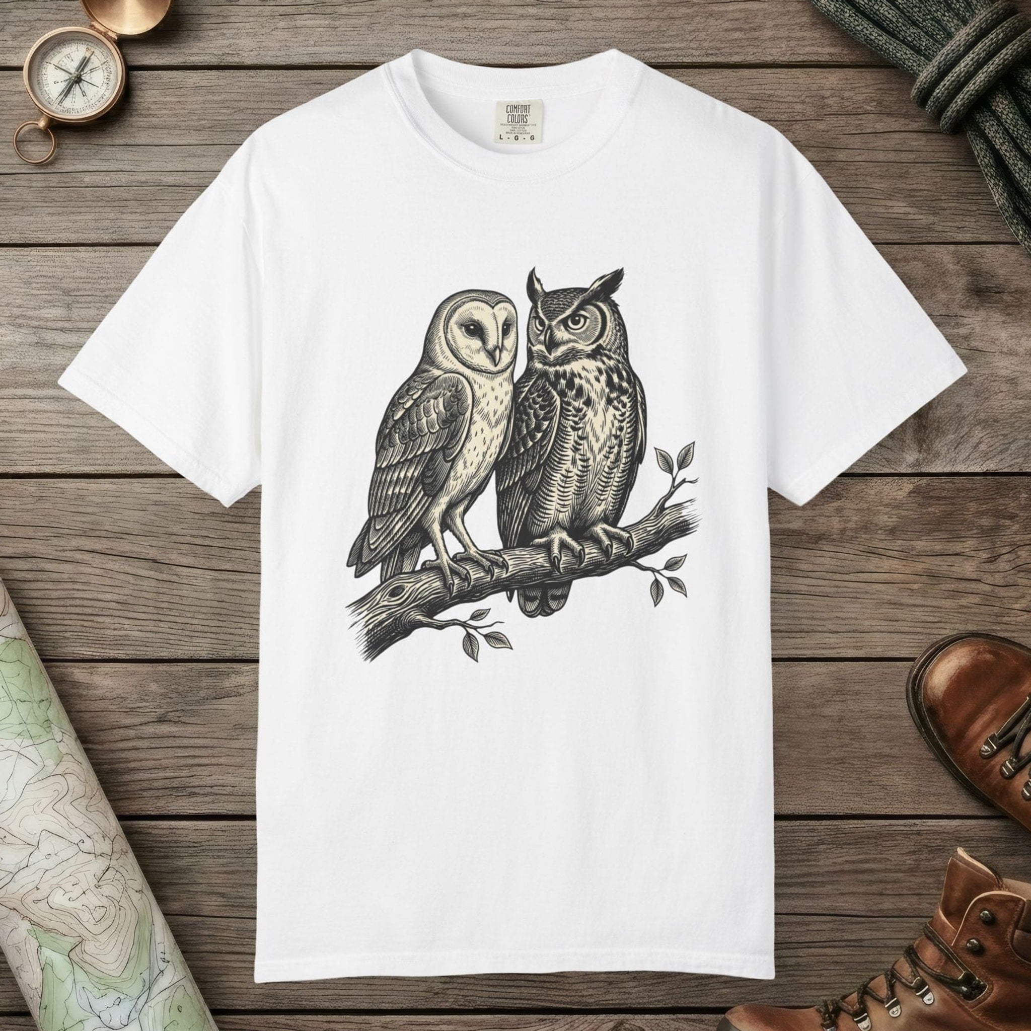 White color unisex graphic t-shirt with "Owl Spirit" design