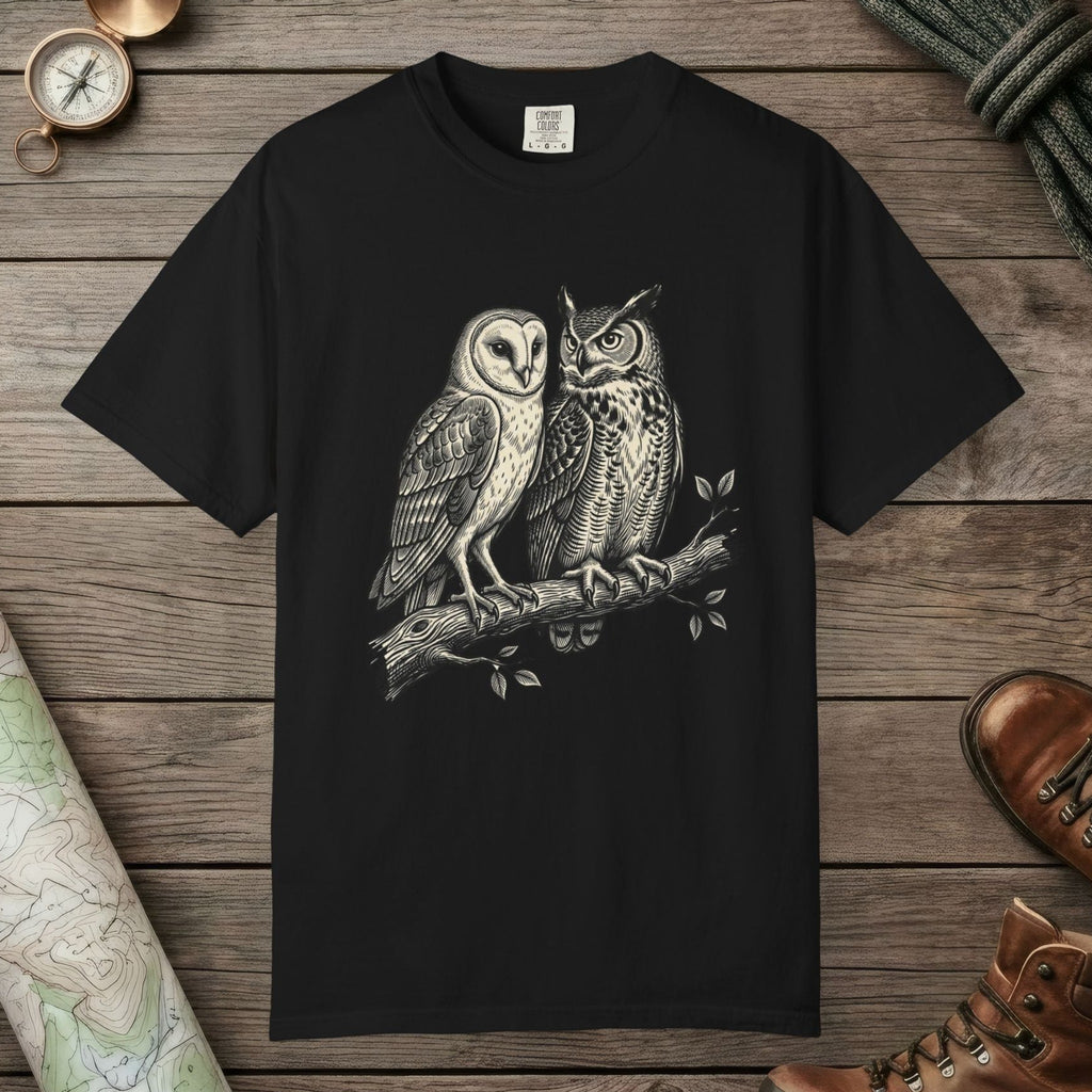 Black color unisex graphic t-shirt with "Owl Spirit" design