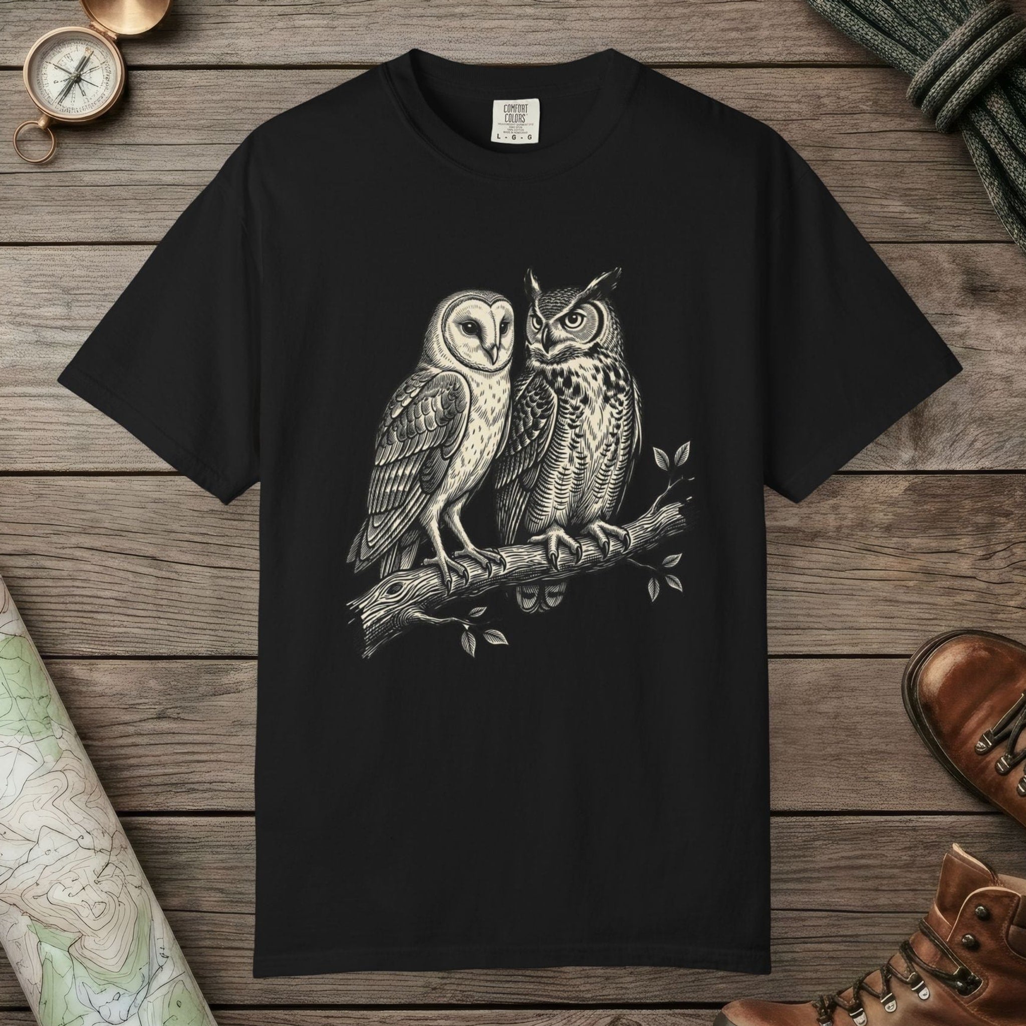 Black color unisex graphic t-shirt with "Owl Spirit" design