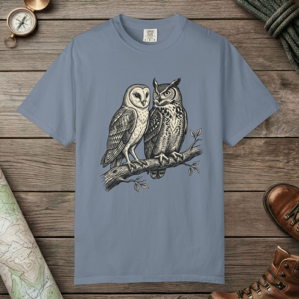 Blue Jean color unisex graphic t-shirt with "Owl Spirit" design