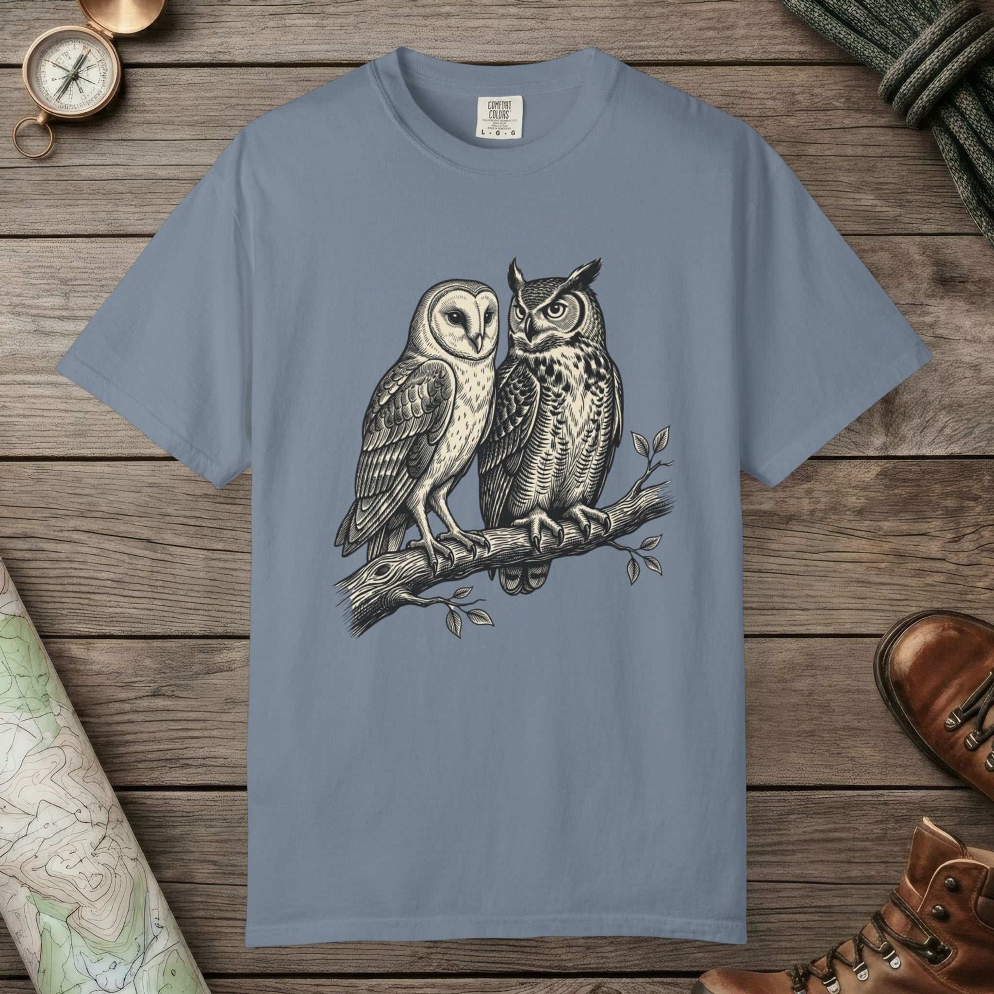 Blue Jean color unisex graphic t-shirt with "Owl Spirit" design