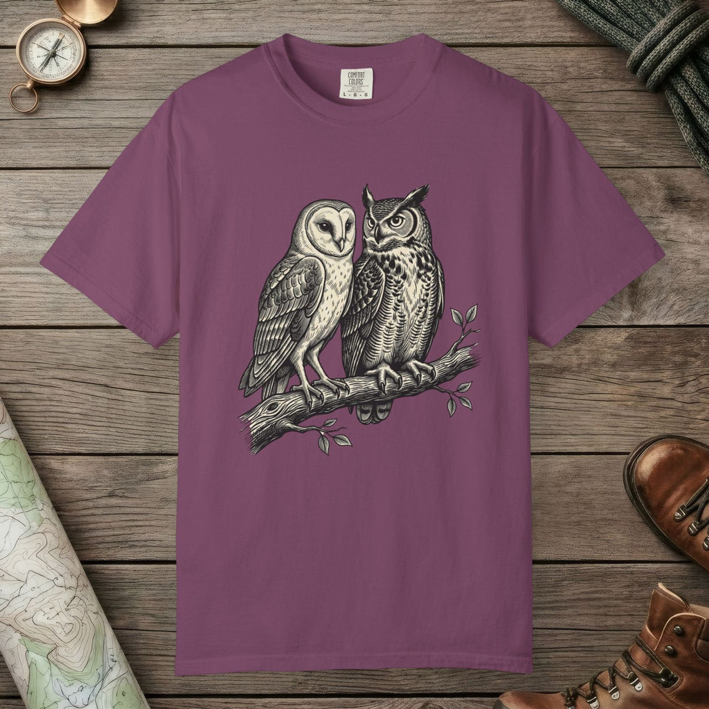 Berry color unisex graphic t-shirt with "Owl Spirit" design