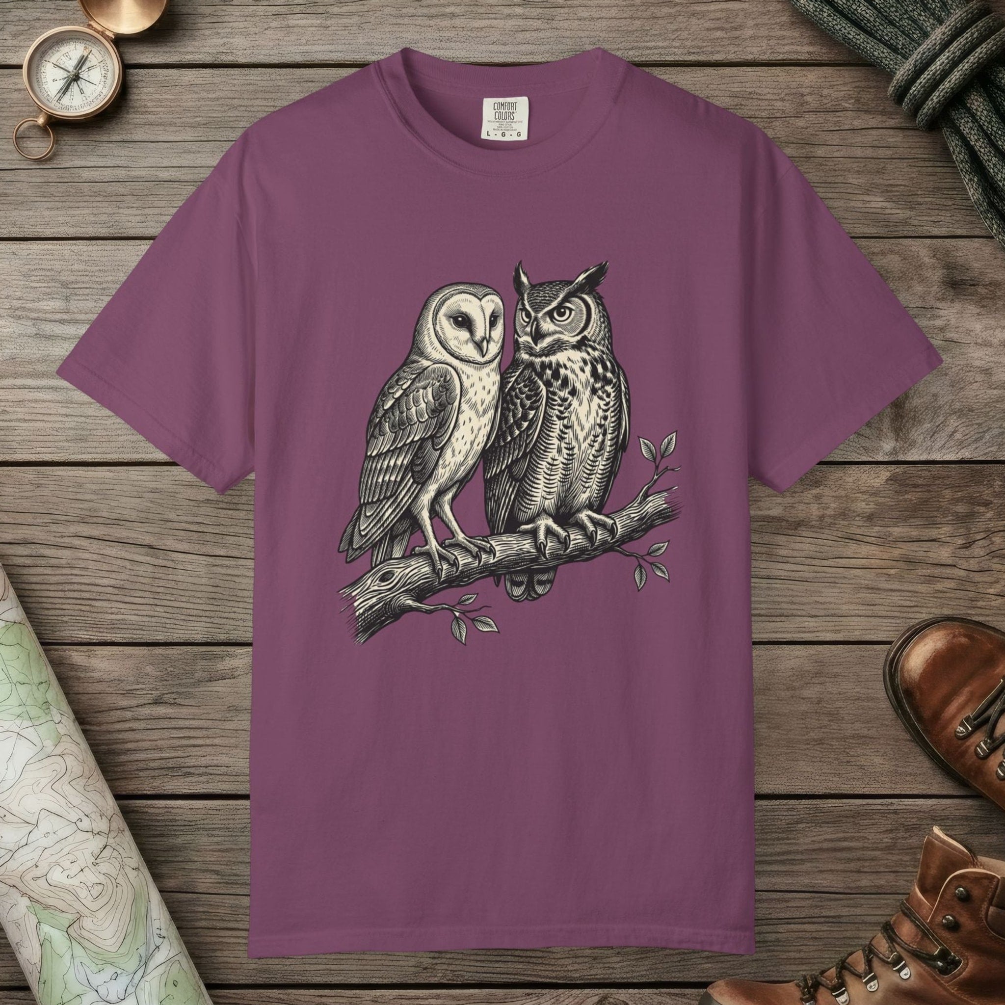 Berry color unisex graphic t-shirt with "Owl Spirit" design