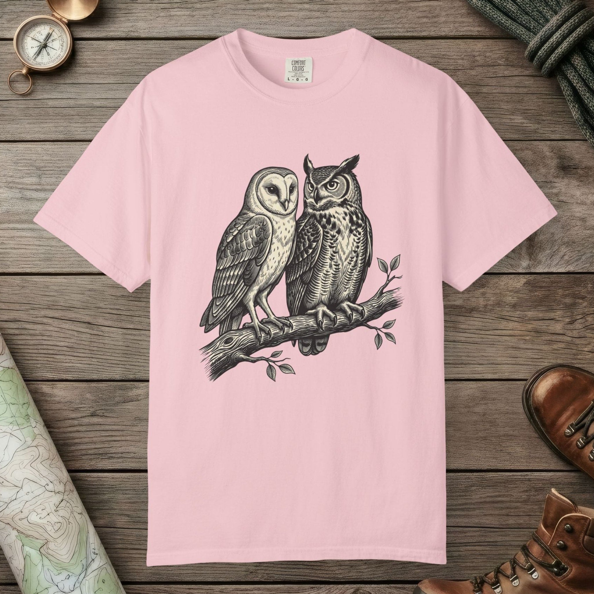 Blossom color unisex graphic t-shirt with "Owl Spirit" design