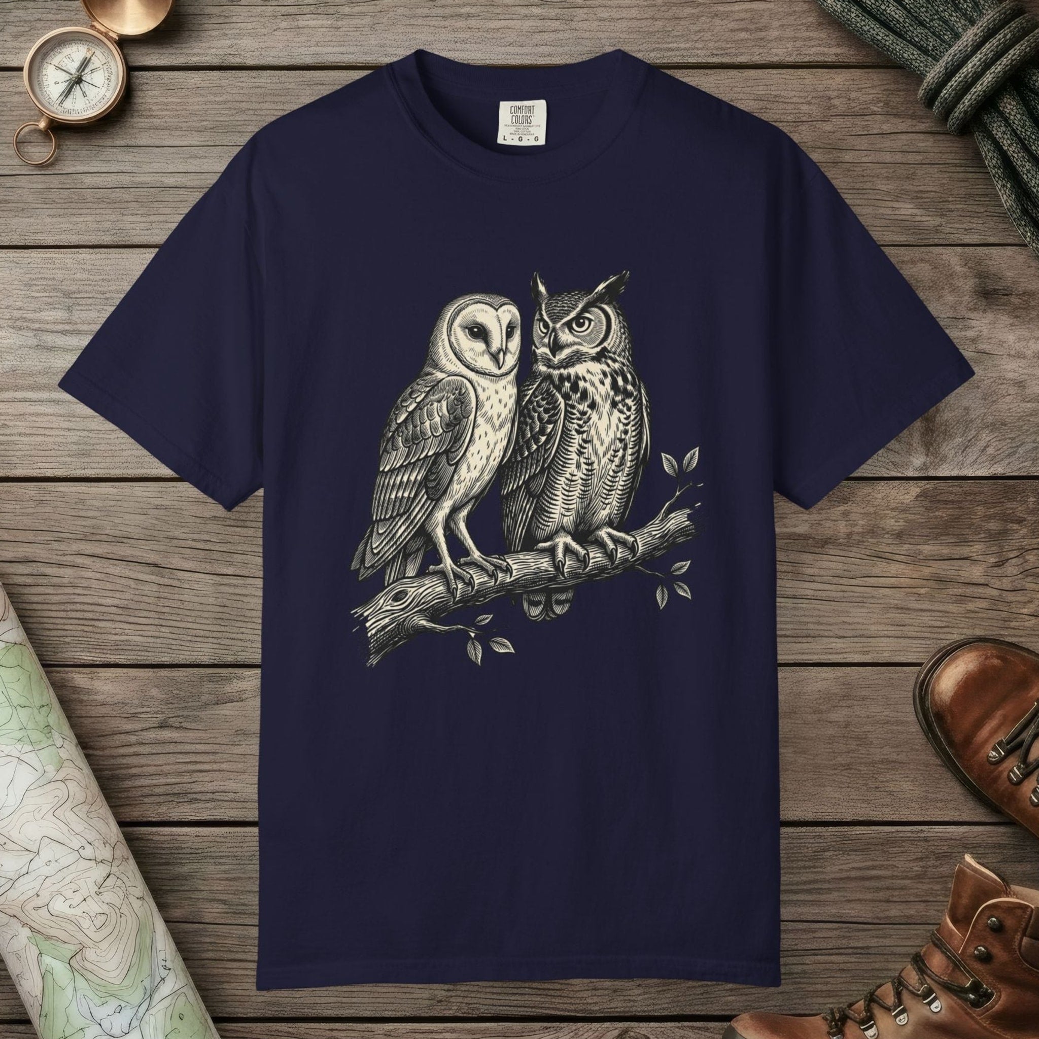True Navy color unisex graphic t-shirt with "Owl Spirit" design
