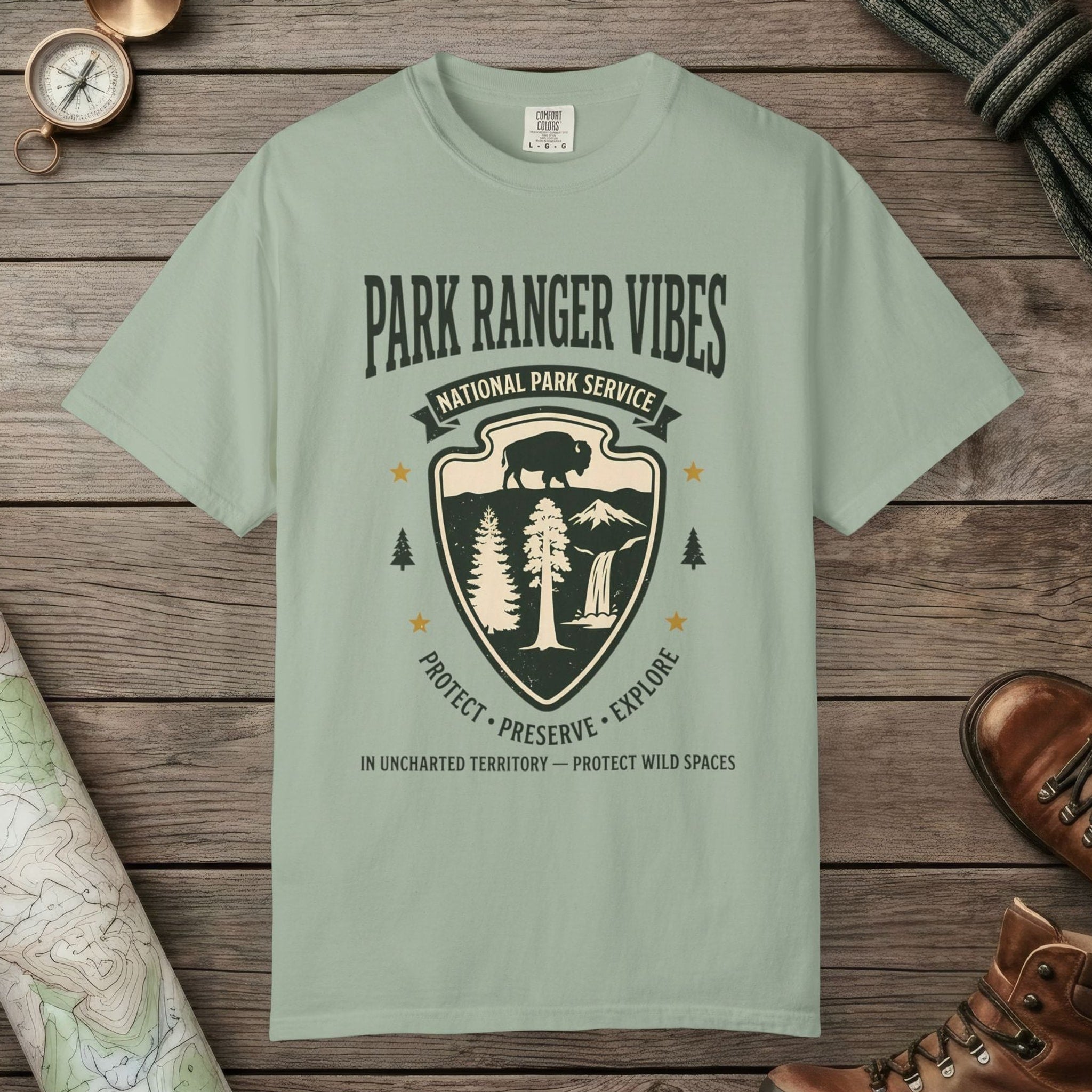 Bay color unisex graphic t-shirt with "Park Ranger Vibes" design