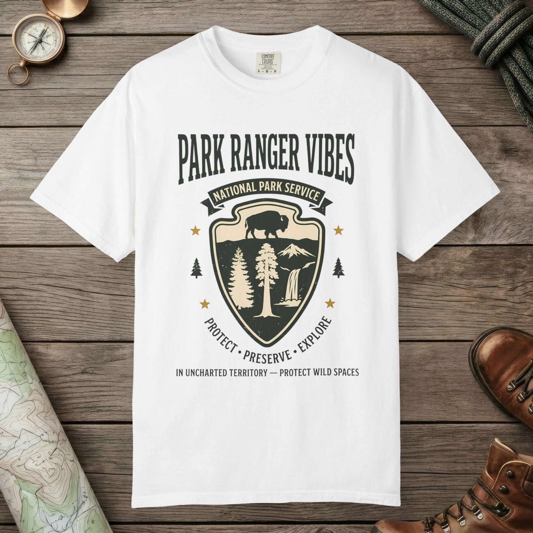 White color unisex graphic t-shirt with "Park Ranger Vibes" design
