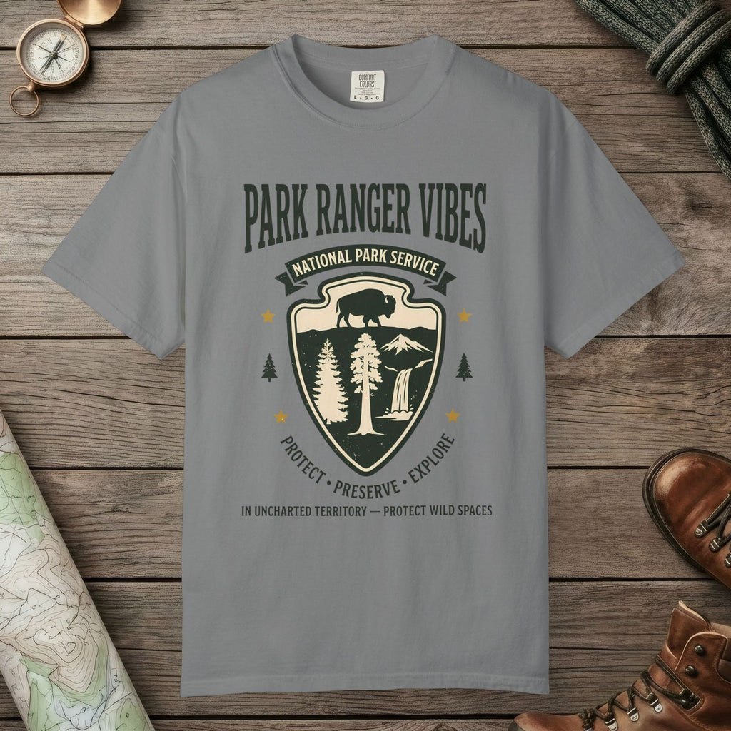 Grey color unisex graphic t-shirt with "Park Ranger Vibes" design
