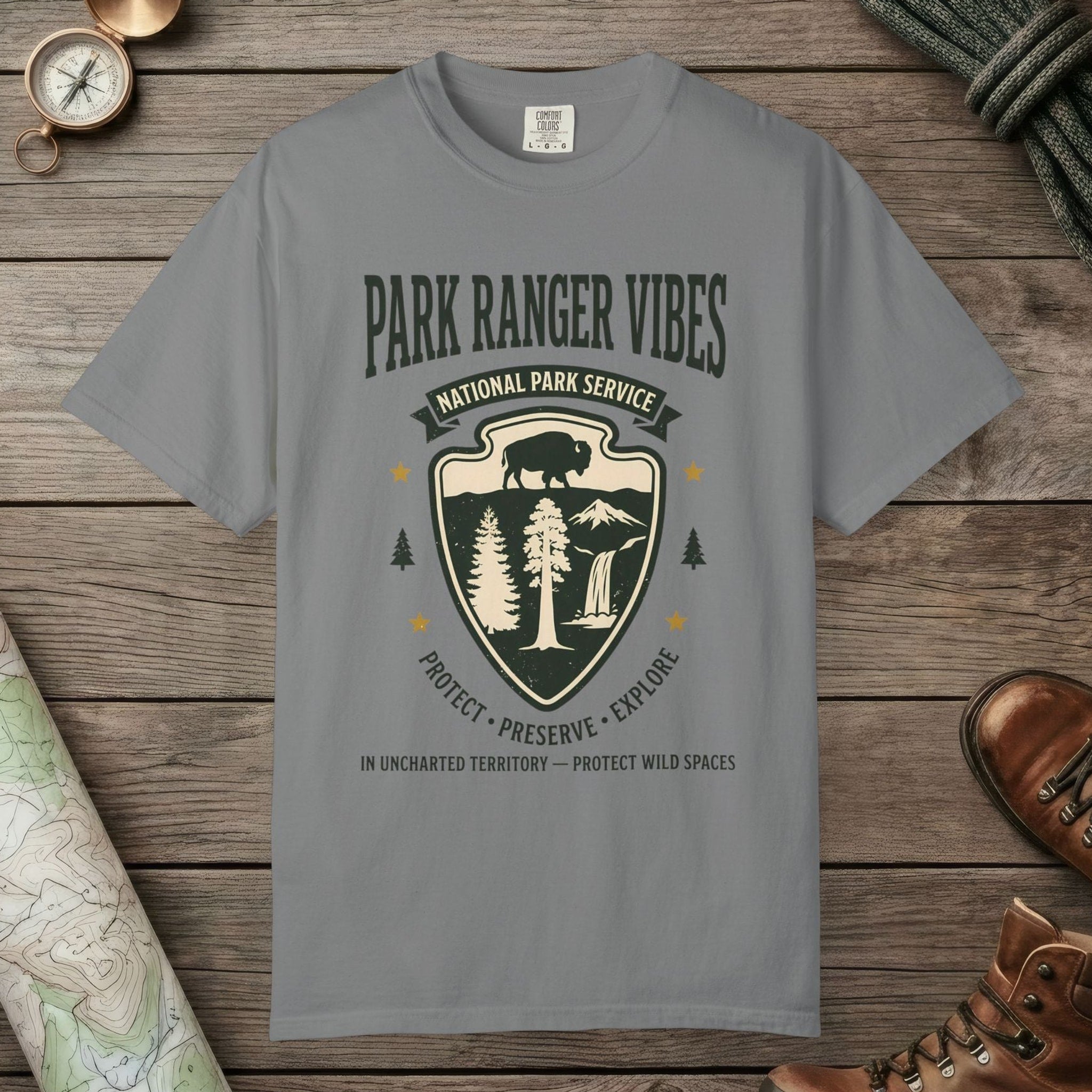 Grey color unisex graphic t-shirt with "Park Ranger Vibes" design