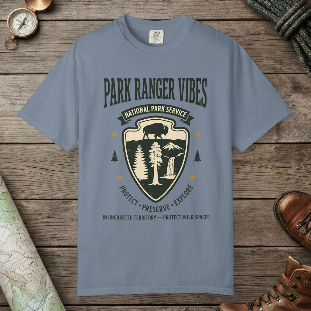 Blue Jean color unisex graphic t-shirt with "Park Ranger Vibes" design
