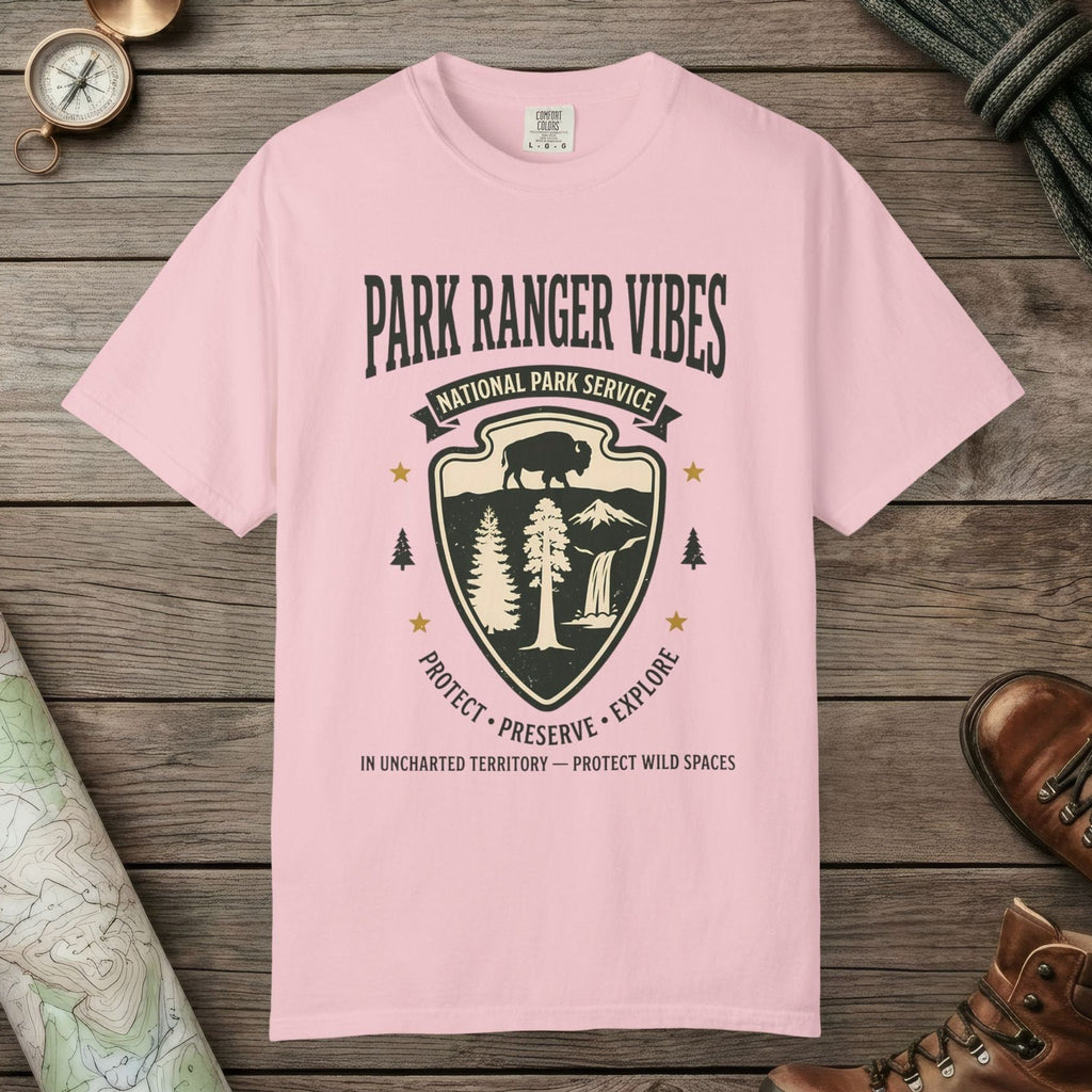 Blossom color unisex graphic t-shirt with "Park Ranger Vibes" design