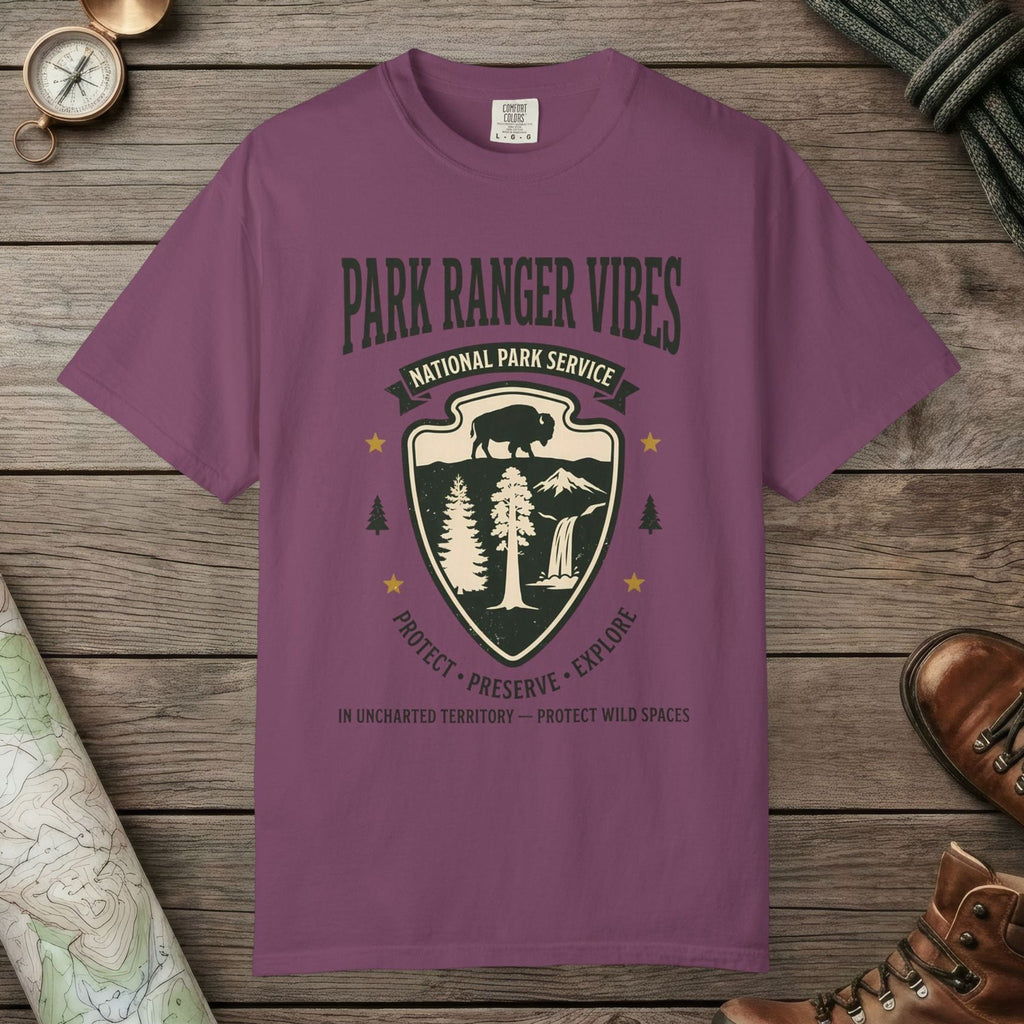 Berry color unisex graphic t-shirt with "Park Ranger Vibes" design