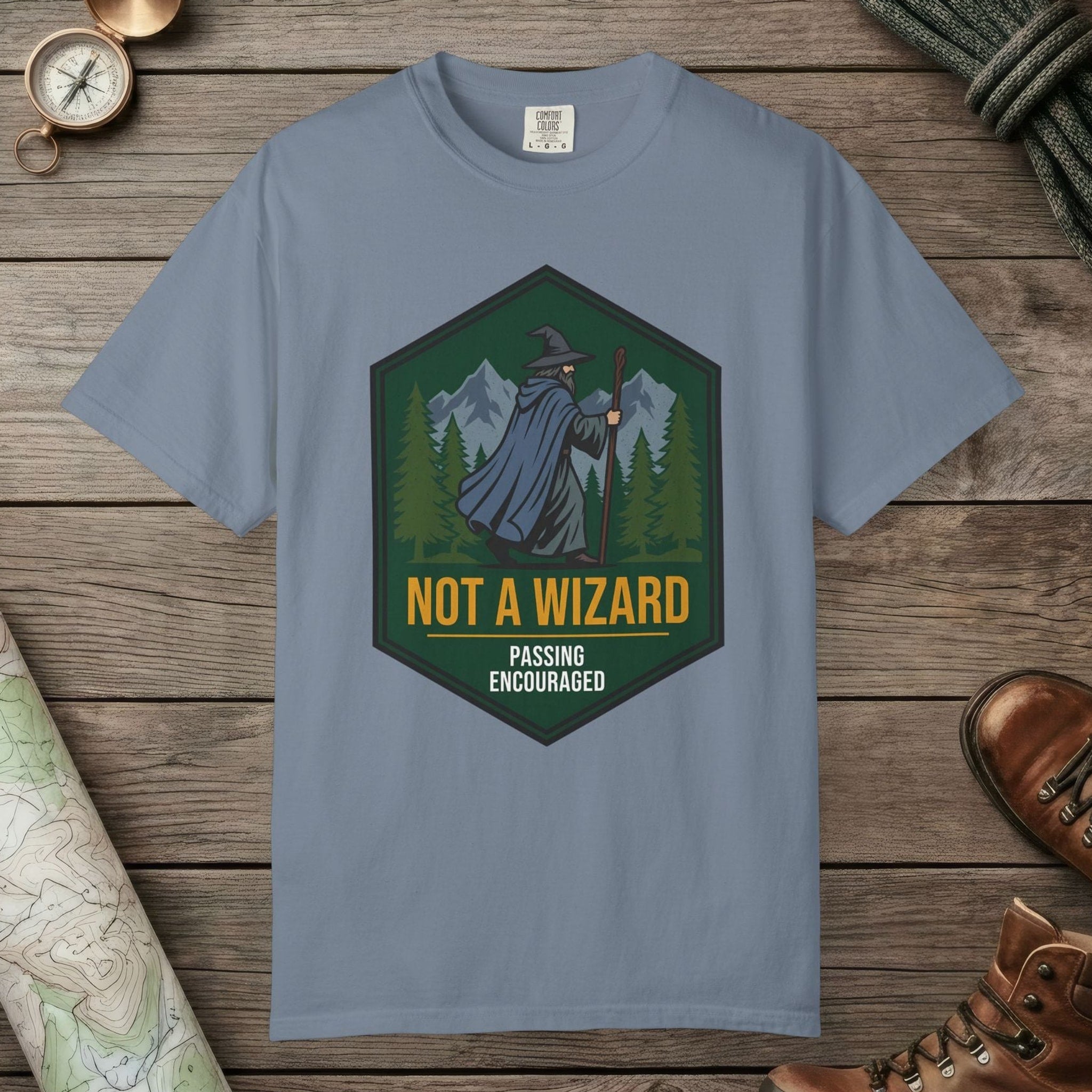 Blue Jean color unisex graphic t-shirt with "Passing Encouraged" design