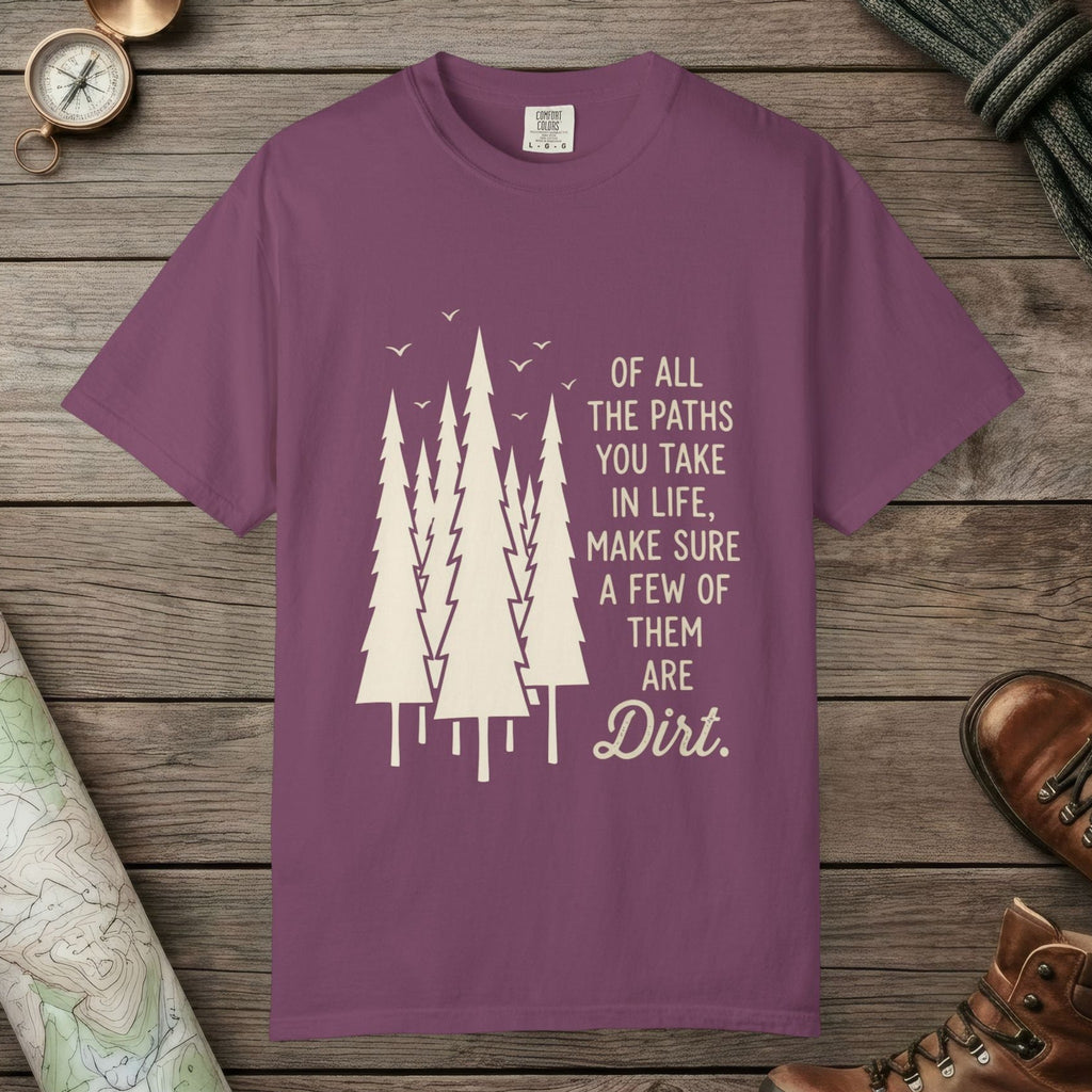 Berry color unisex graphic t-shirt with "Paths In Life" design