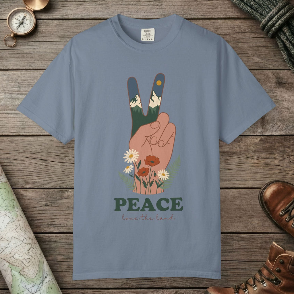 Blue Jean color unisex graphic t-shirt with "Peace Love The Land" design