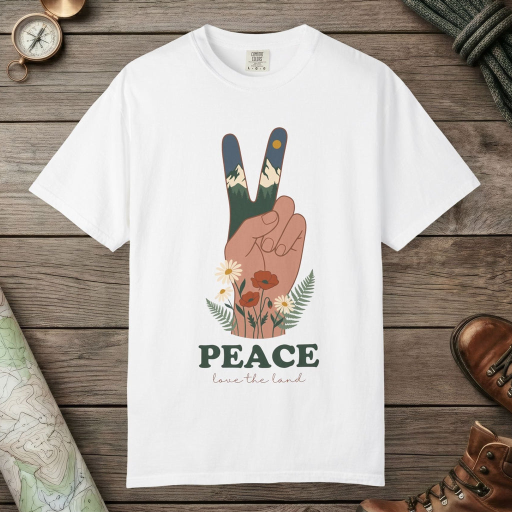 White color unisex graphic t-shirt with "Peace Love The Land" design