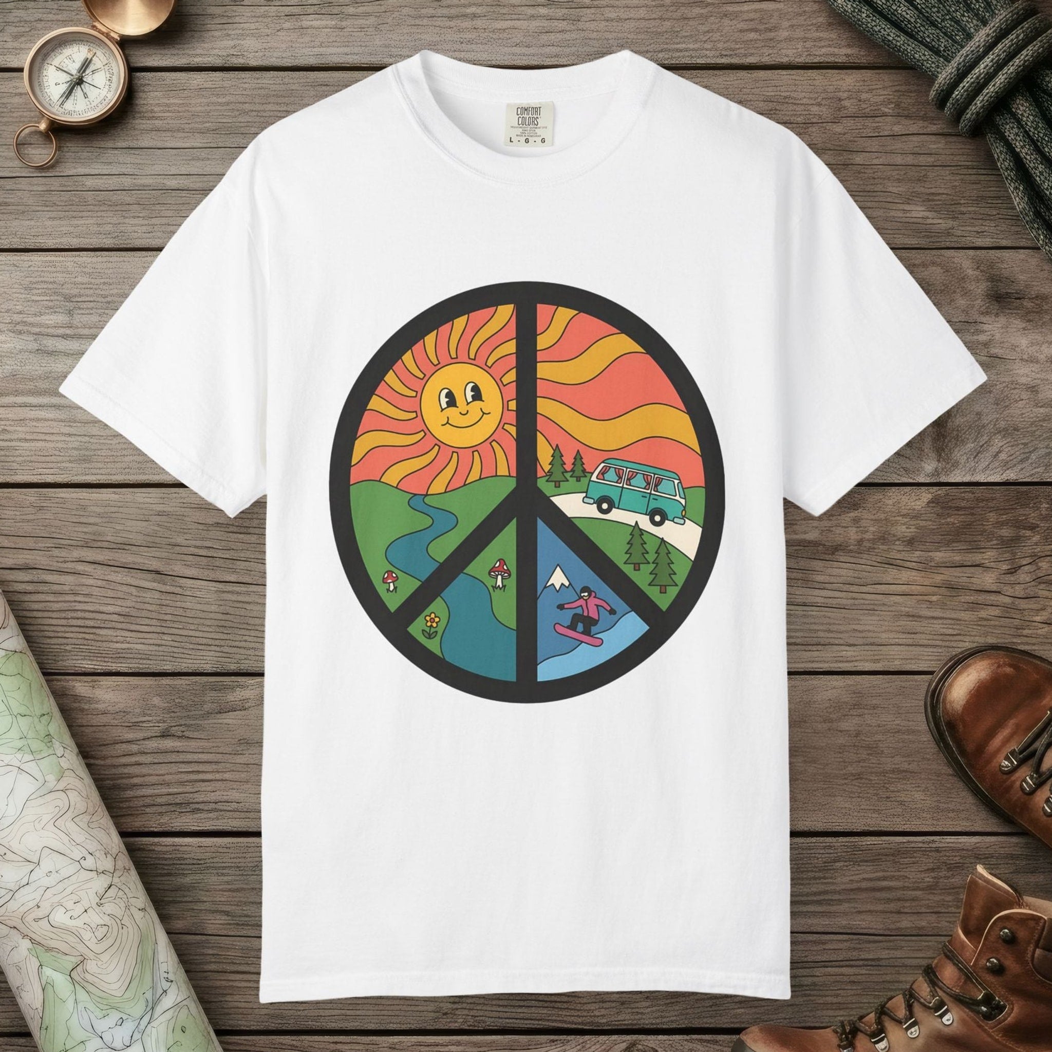 White color unisex graphic t-shirt with "Peace Nature" design
