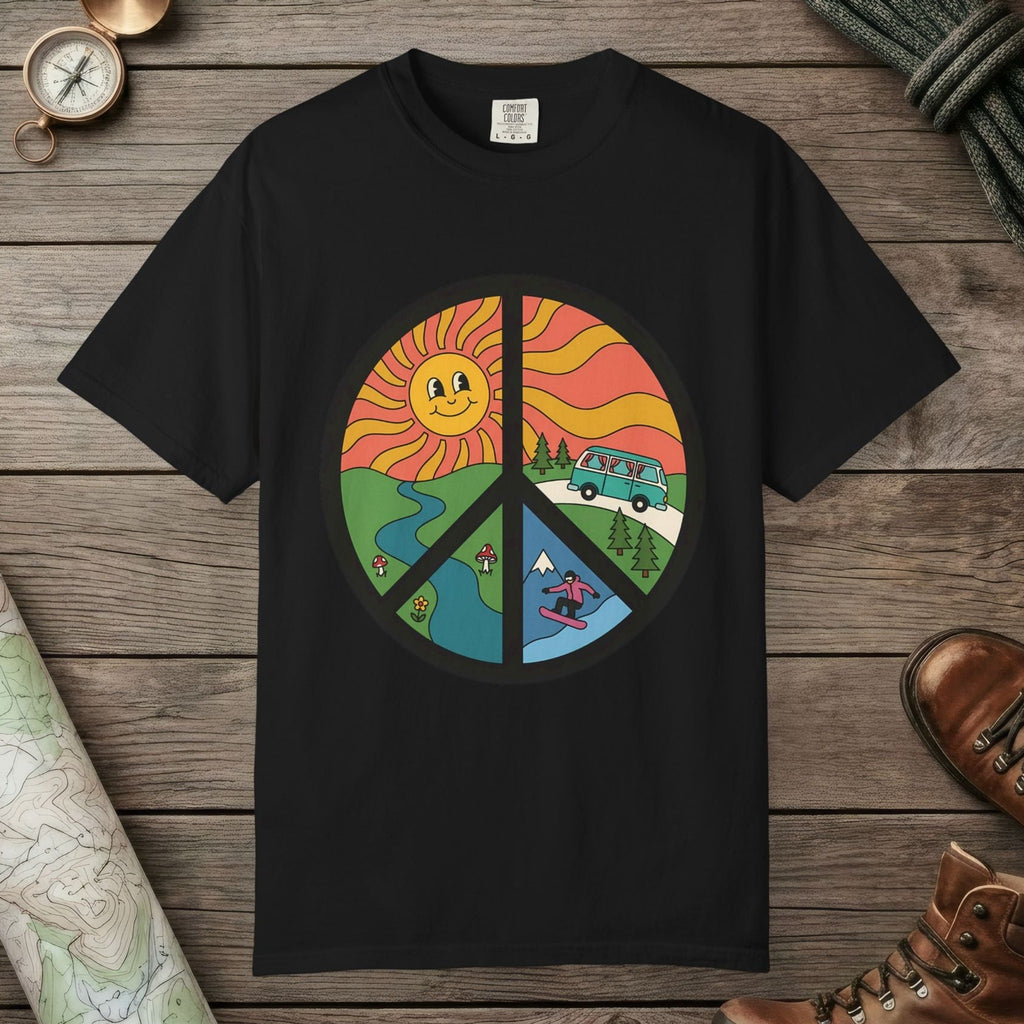 Black color unisex graphic t-shirt with "Peace Nature" design
