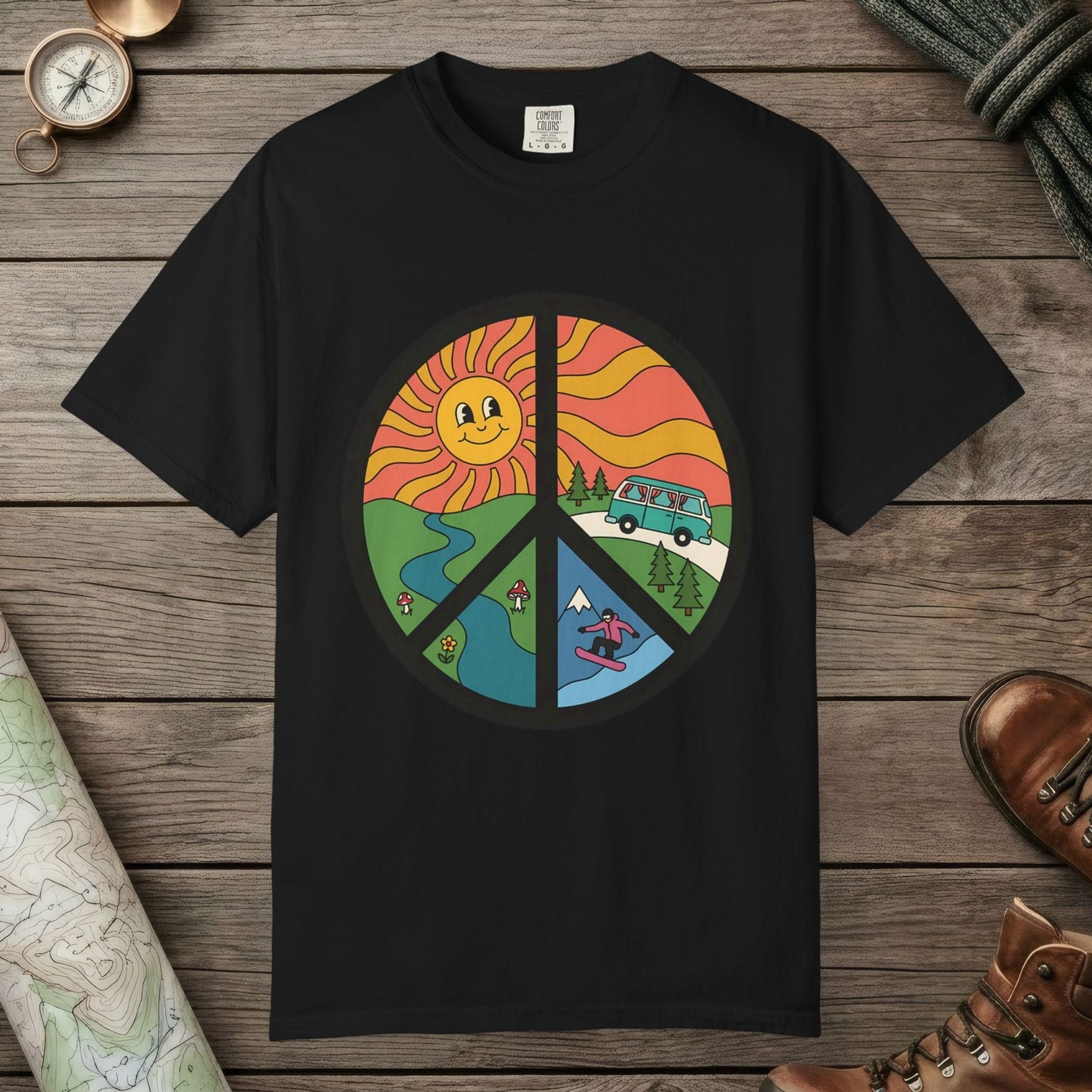 Black color unisex graphic t-shirt with "Peace Nature" design
