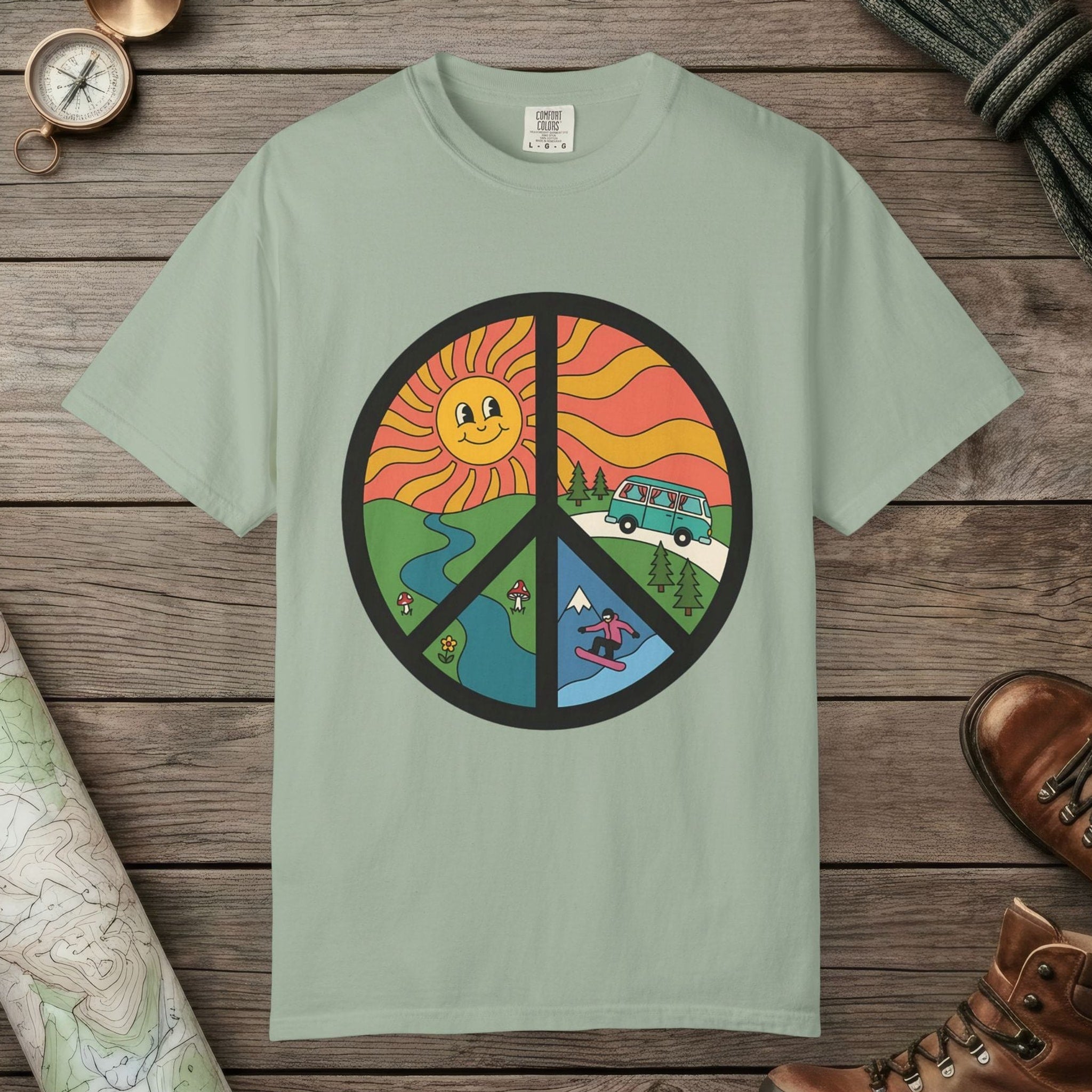Bay color unisex graphic t-shirt with "Peace Nature" design
