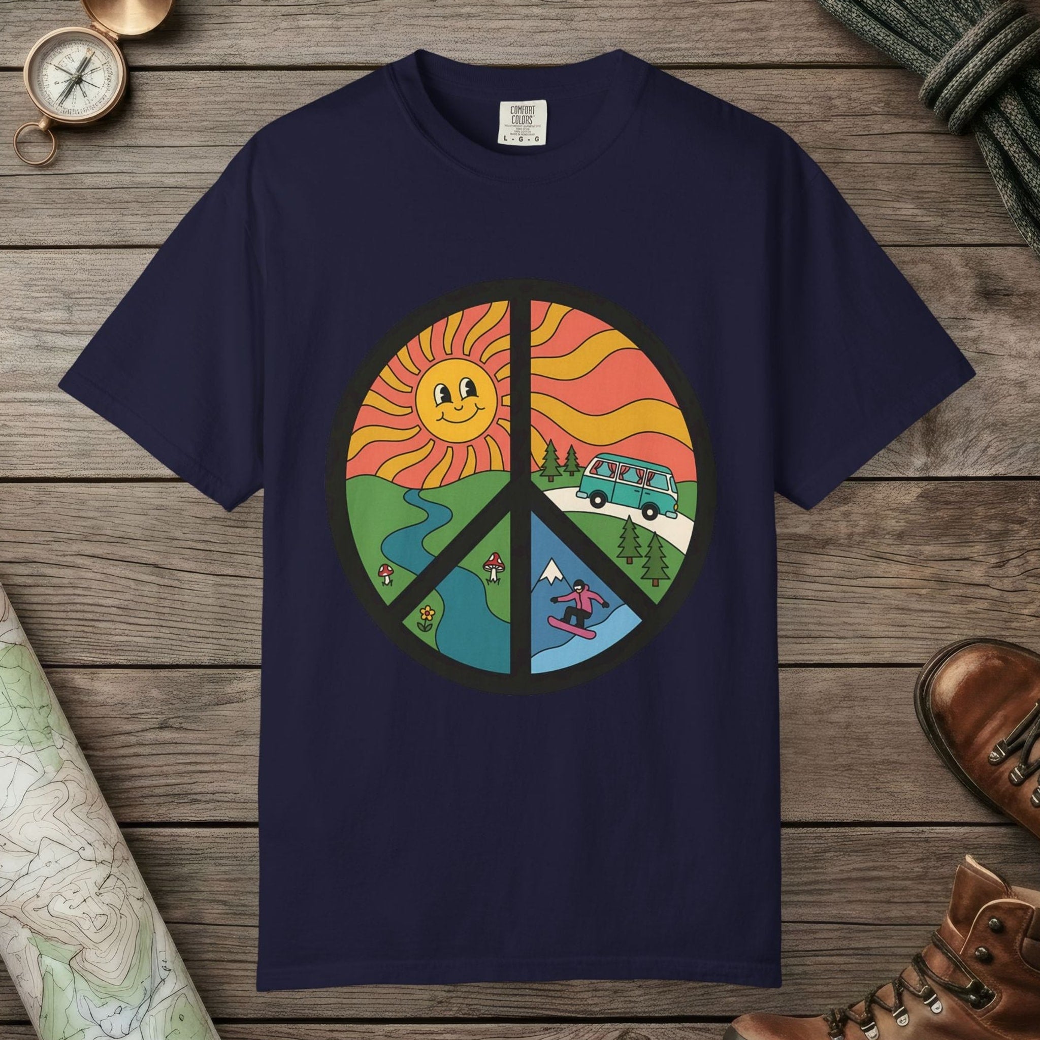 True Navy color unisex graphic t-shirt with "Peace Nature" design