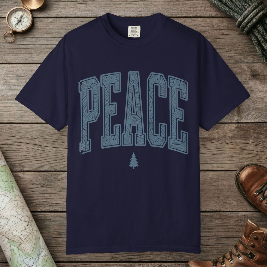 True Navy color unisex graphic t-shirt with "Peace Terrain" design
