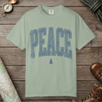 Bay color unisex graphic t-shirt with "Peace Terrain" design