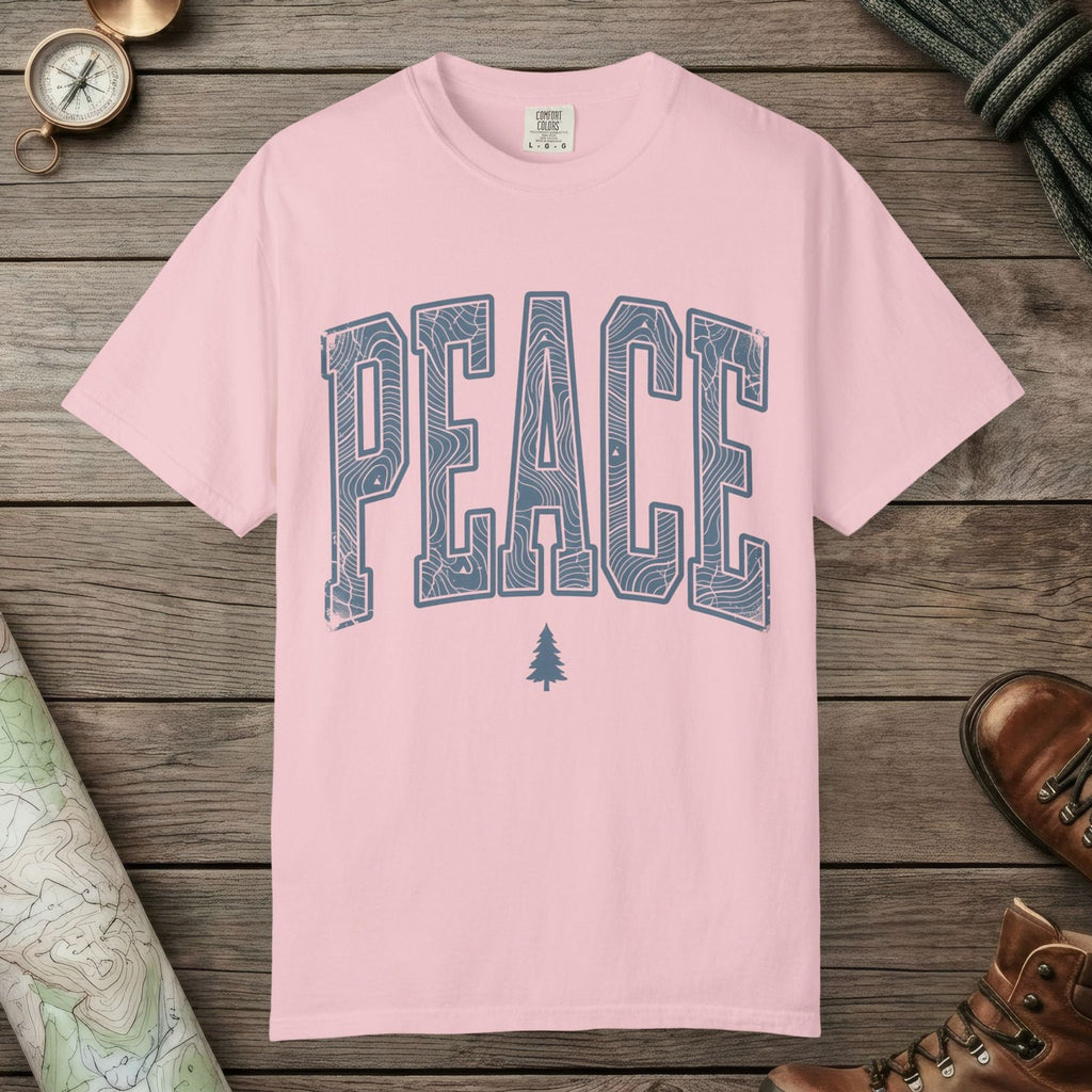 Blossom color unisex graphic t-shirt with "Peace Terrain" design