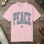 Blossom color unisex graphic t-shirt with "Peace Terrain" design