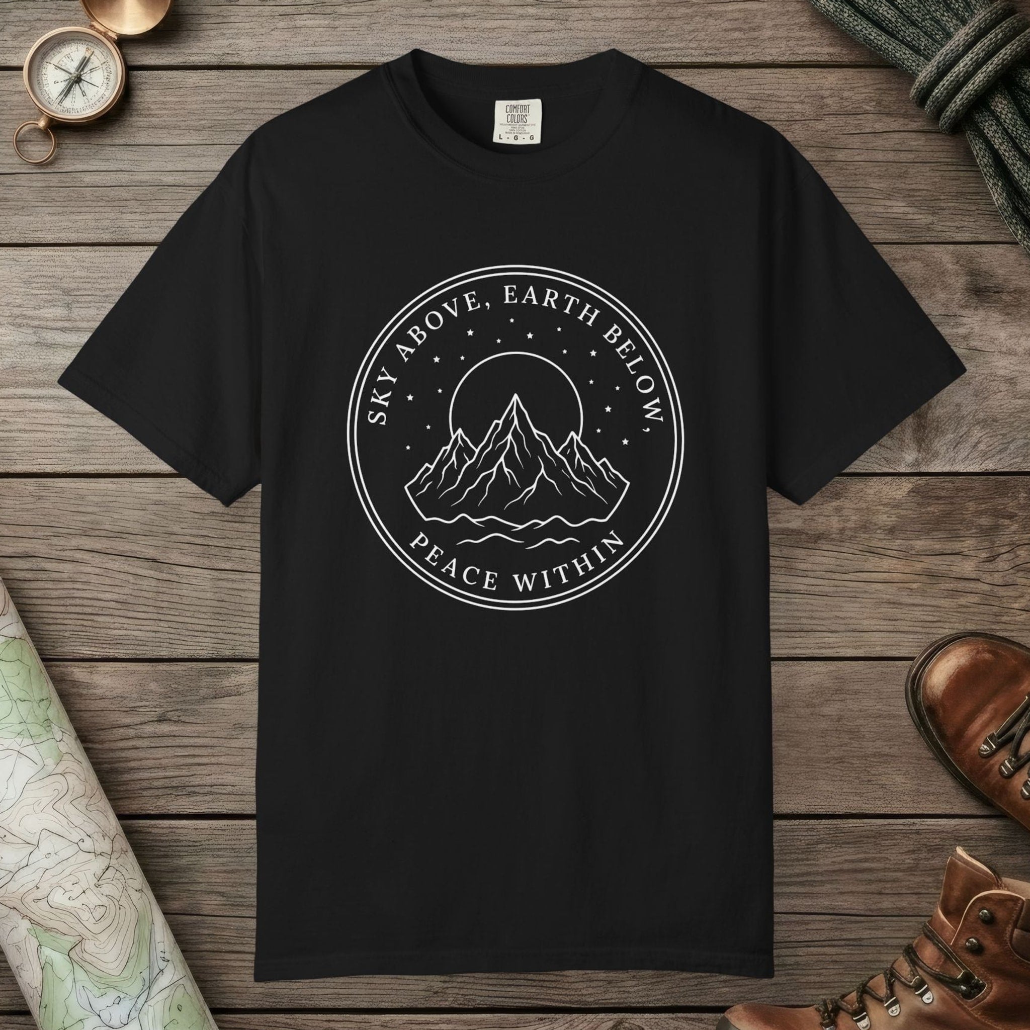 Black color unisex graphic t-shirt with "Peace Within" design